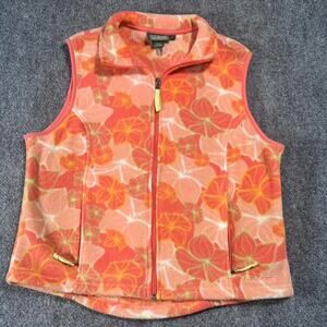 L.L.Bean Floral Fleece Vest Women's M Orange Coral Pink Full Zip Outdoor Hiking